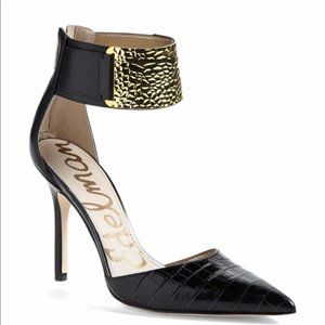 Sam Edelman Dustin Snakeskin Stiletto Heels Ankle Cuff Pumps Black Gold 7